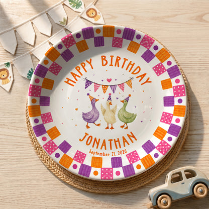Orange Purple and Pink Checker Border with Party Ducks Personalized Birthday Plate P611QZK0