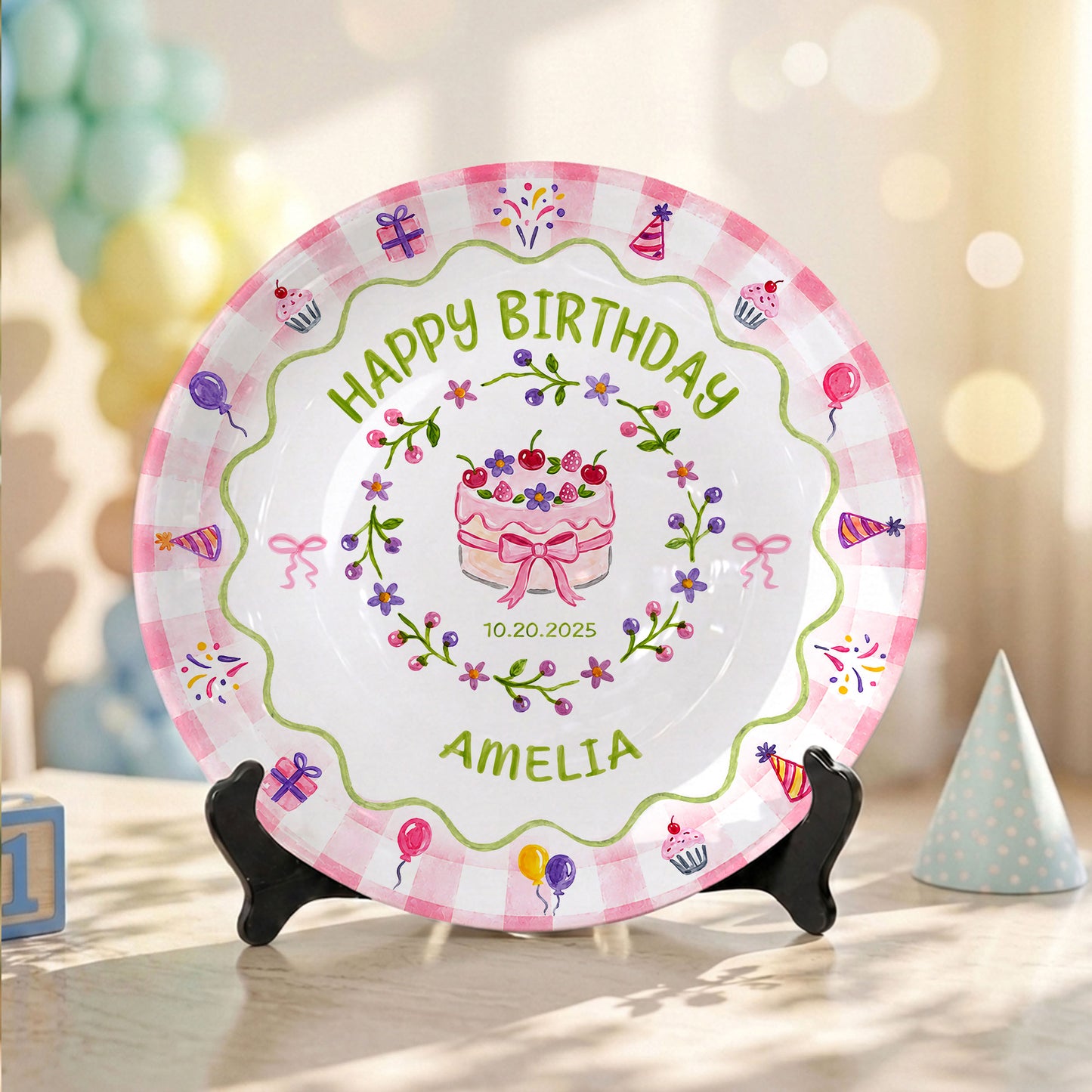 Floral Berry Cake Keepsake Personalized Birthday Plate for Girls and Kids P730TD80