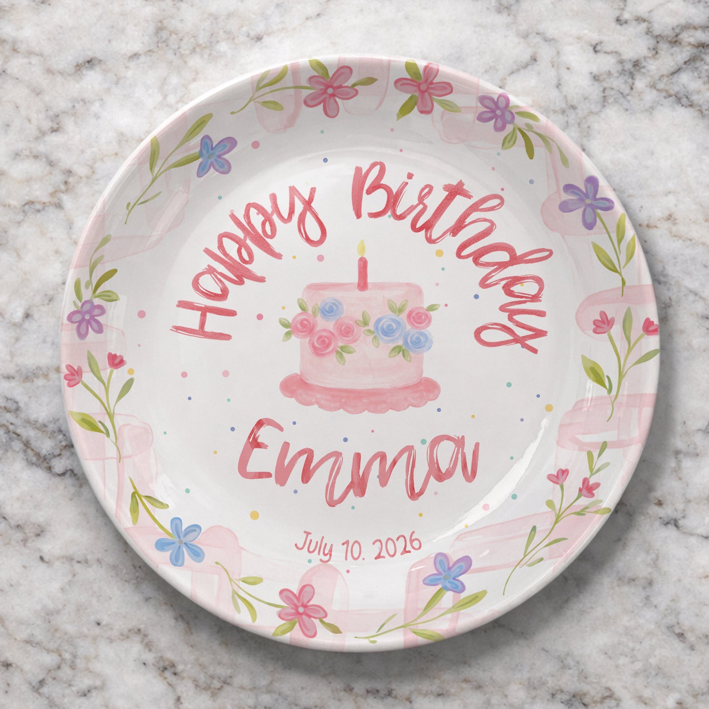 Floral Cake with Blush Border Personalized Birthday Plate P29SK70
