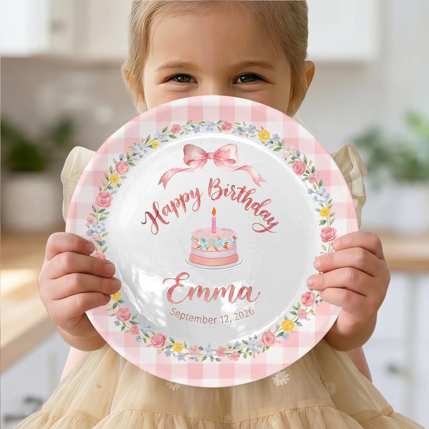 Pink Gingham Border with Floral Wreath Bow Personalized Birthday Plate P4151HJ0