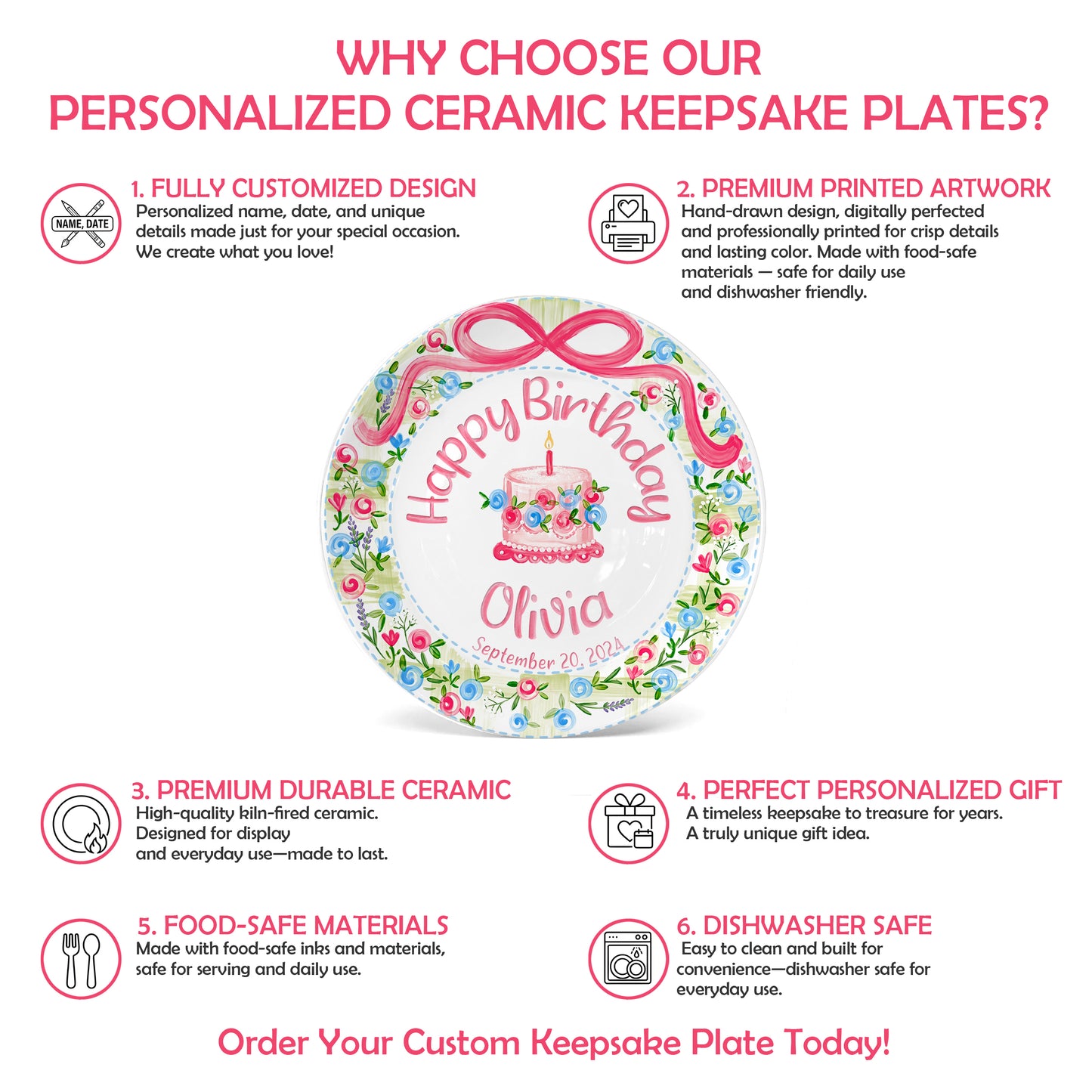 Pink Bow Floral Cake Personalized Birthday Plate P64HKN0