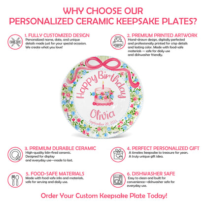 Pink Bow Floral Cake Personalized Birthday Plate P64HKN0