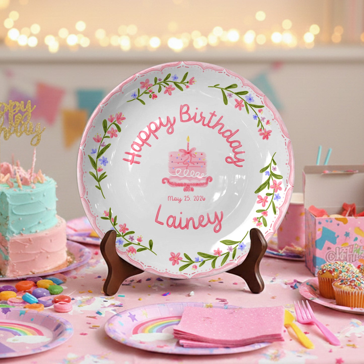 Pink and Blue Floral Plates Personalized Birthday Plate D311DZZ0