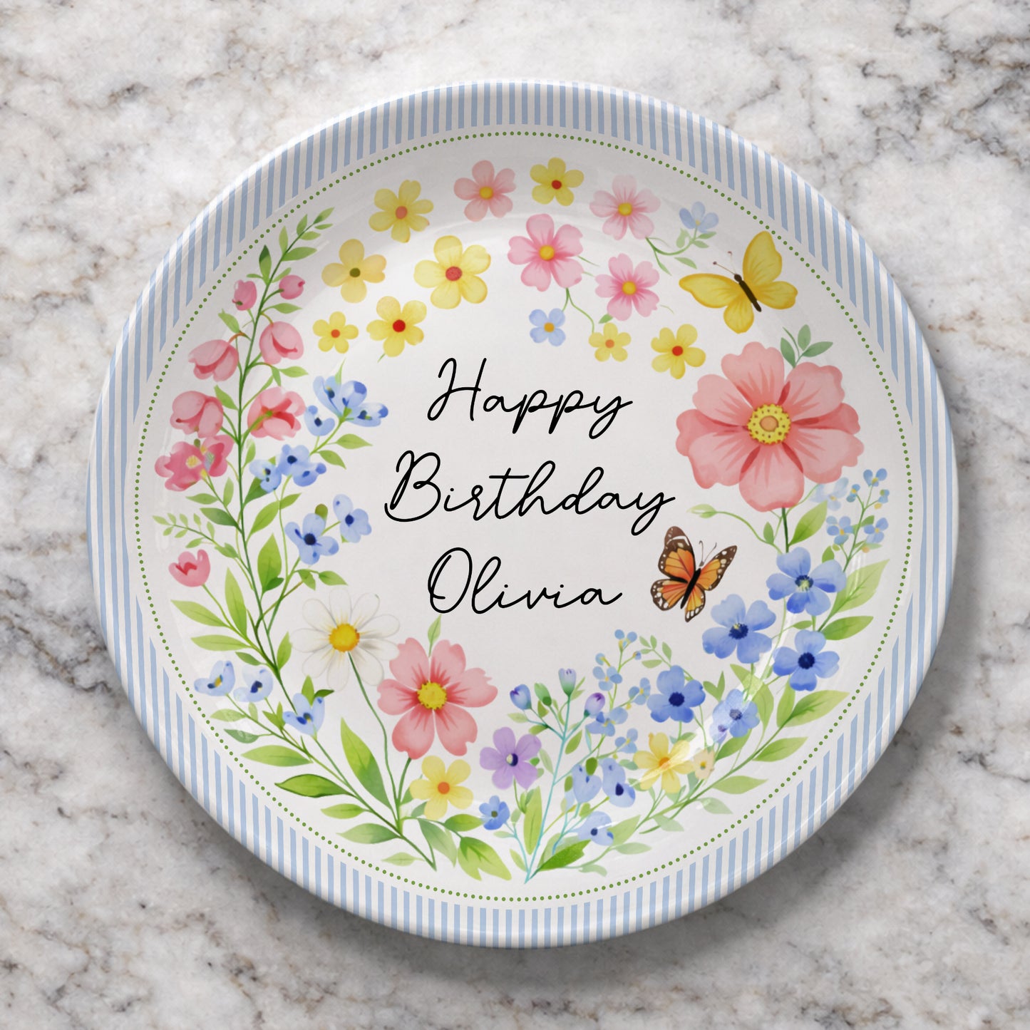 Blue Stripe Wildflower Personalized Birthday Plate P226BYE0