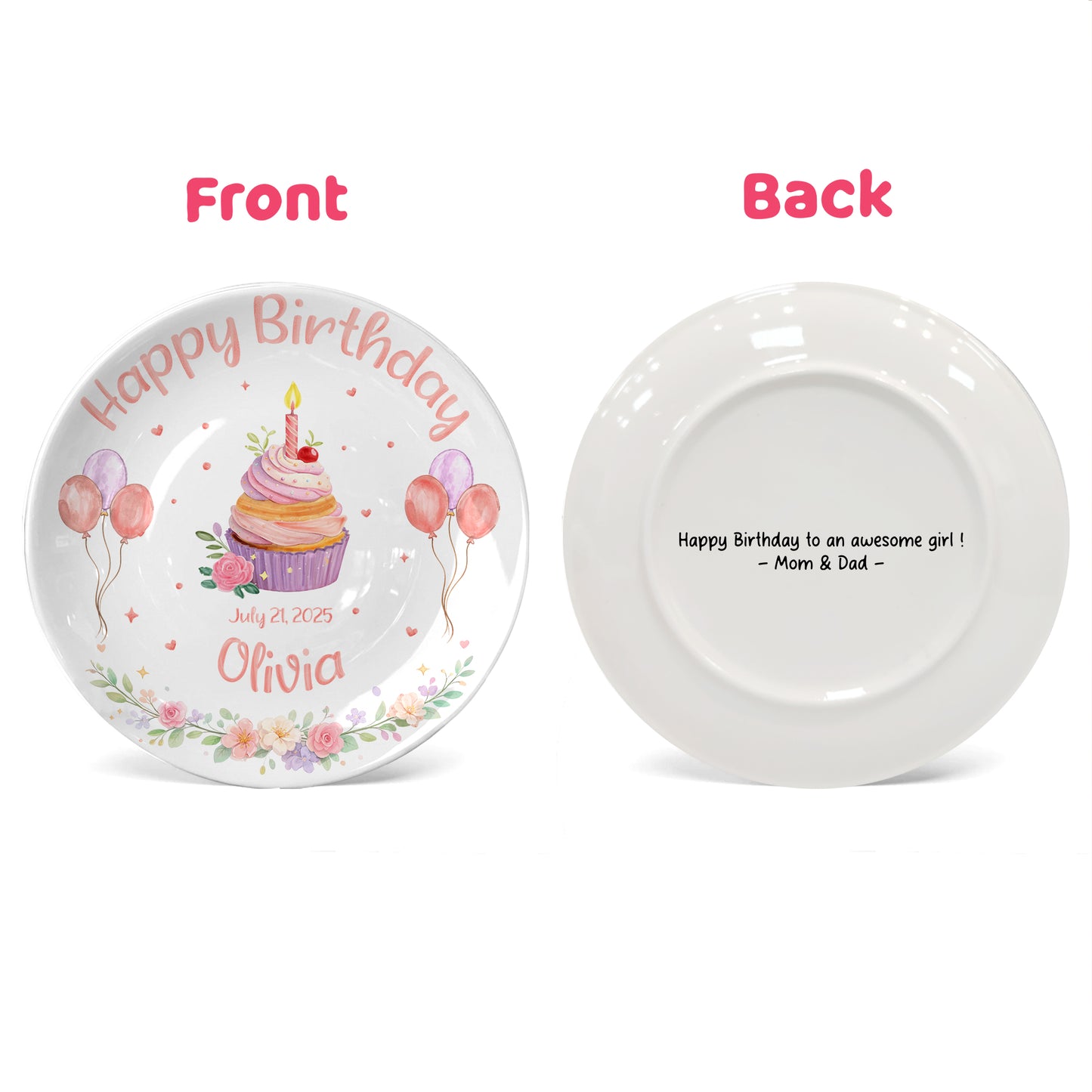 Cupcake with Balloons and Floral Personalized Birthday Plate D319DJS0