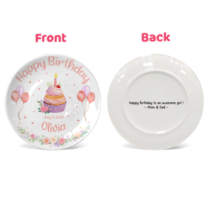 Cupcake with Balloons and Floral Personalized Birthday Plate D319DJS0