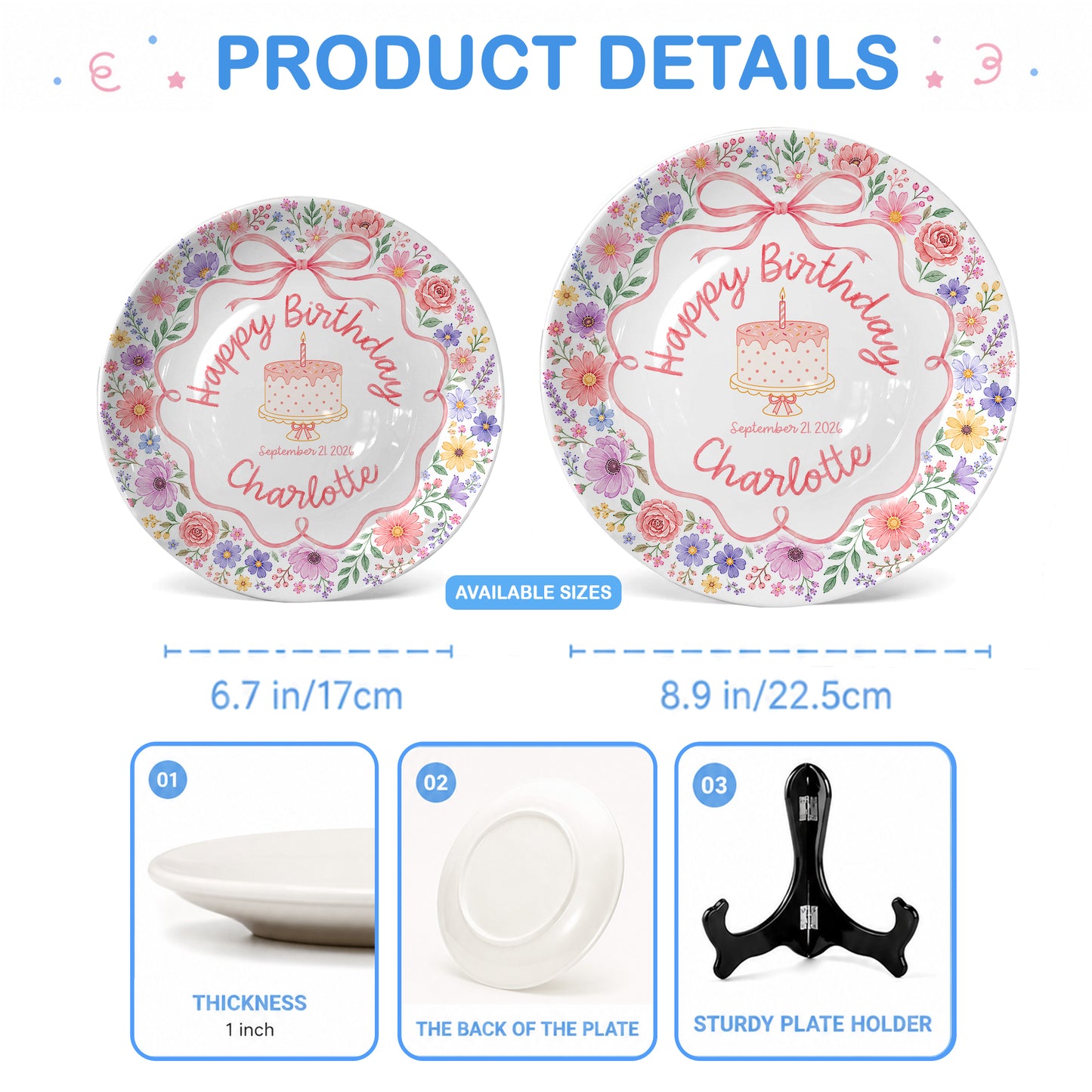 Floral Bow Cake Keepsake Personalized Birthday Plate for Girls P87DHJ0