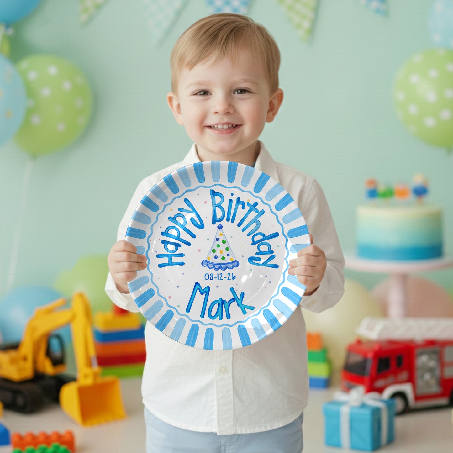 Blue Border and Confetti Party Hat Personalized Birthday Plate P314QKG0