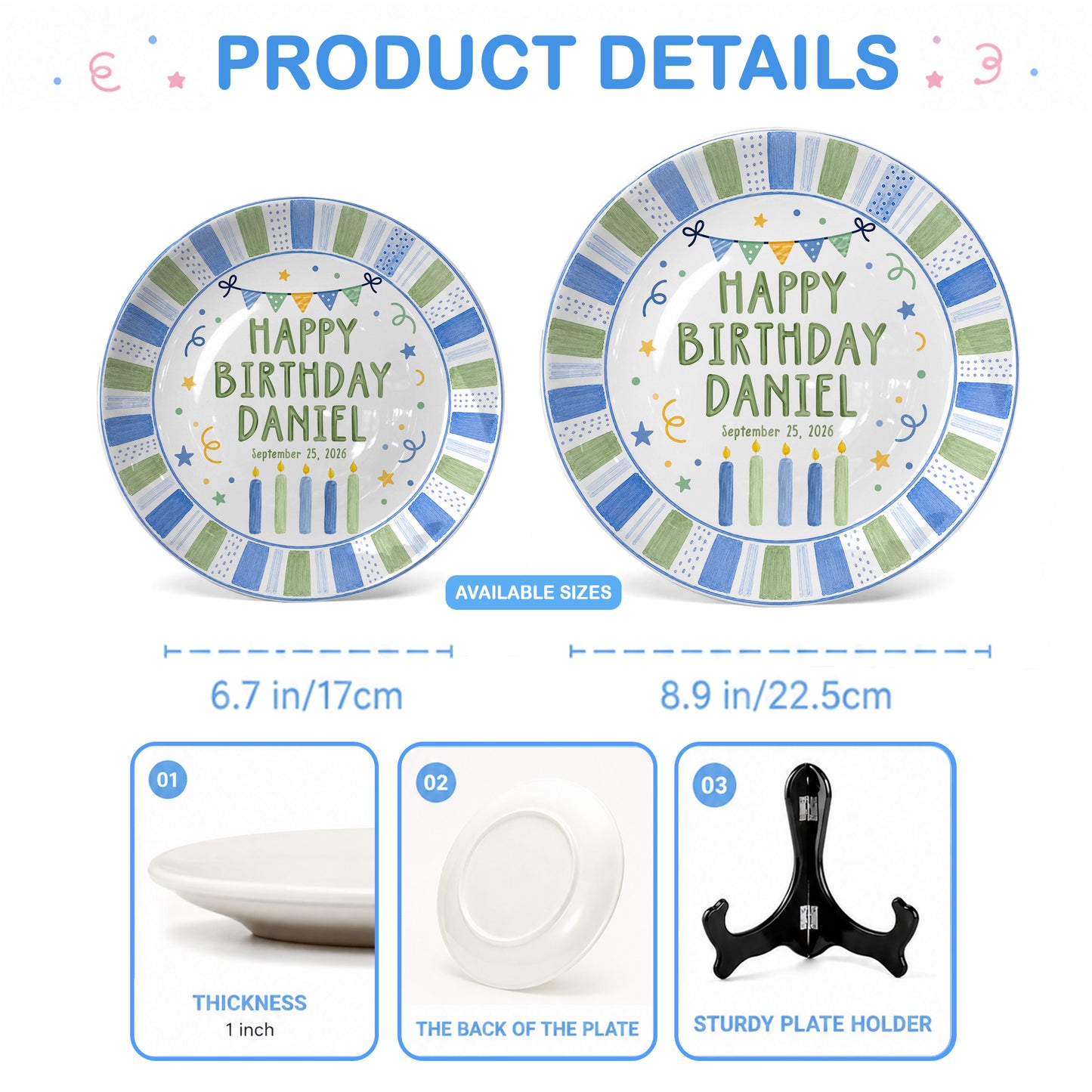 Pastel Candle Celebration Ceramic Keepsake Personalized Birthday Plate for Kids P728CF40