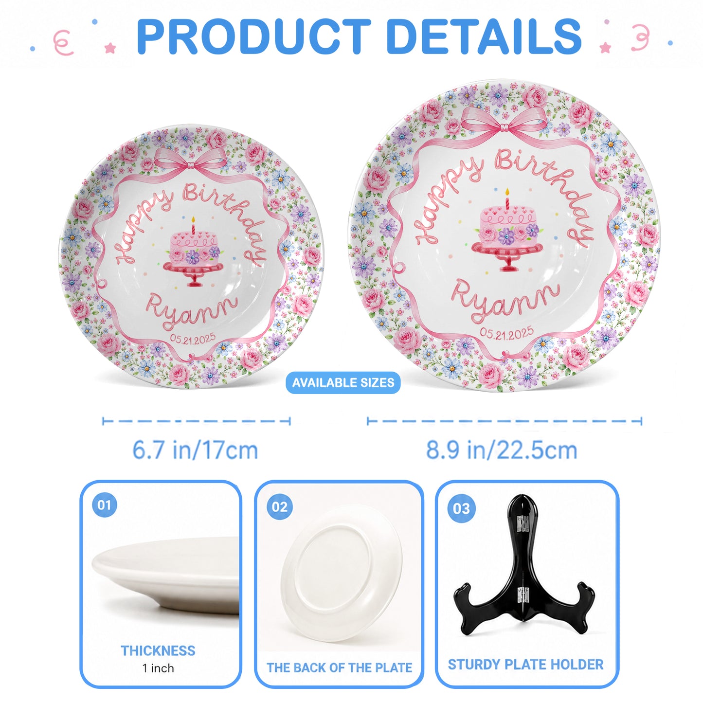 Pink Bow Floral Birthday Keepsake Personalized Birthday Plate D73RDS0