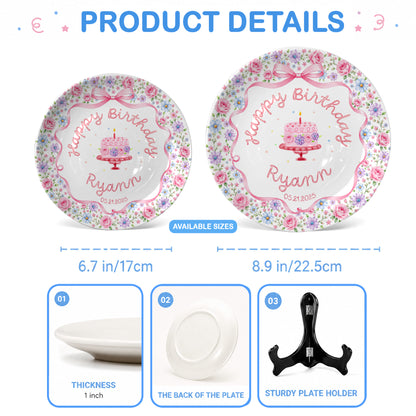 Pink Bow Floral Birthday Keepsake Personalized Birthday Plate D73RDS0