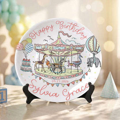 Carousel Animal Personalized Birthday Plate for Kids Custom Ceramic Keepsake P810QSG0