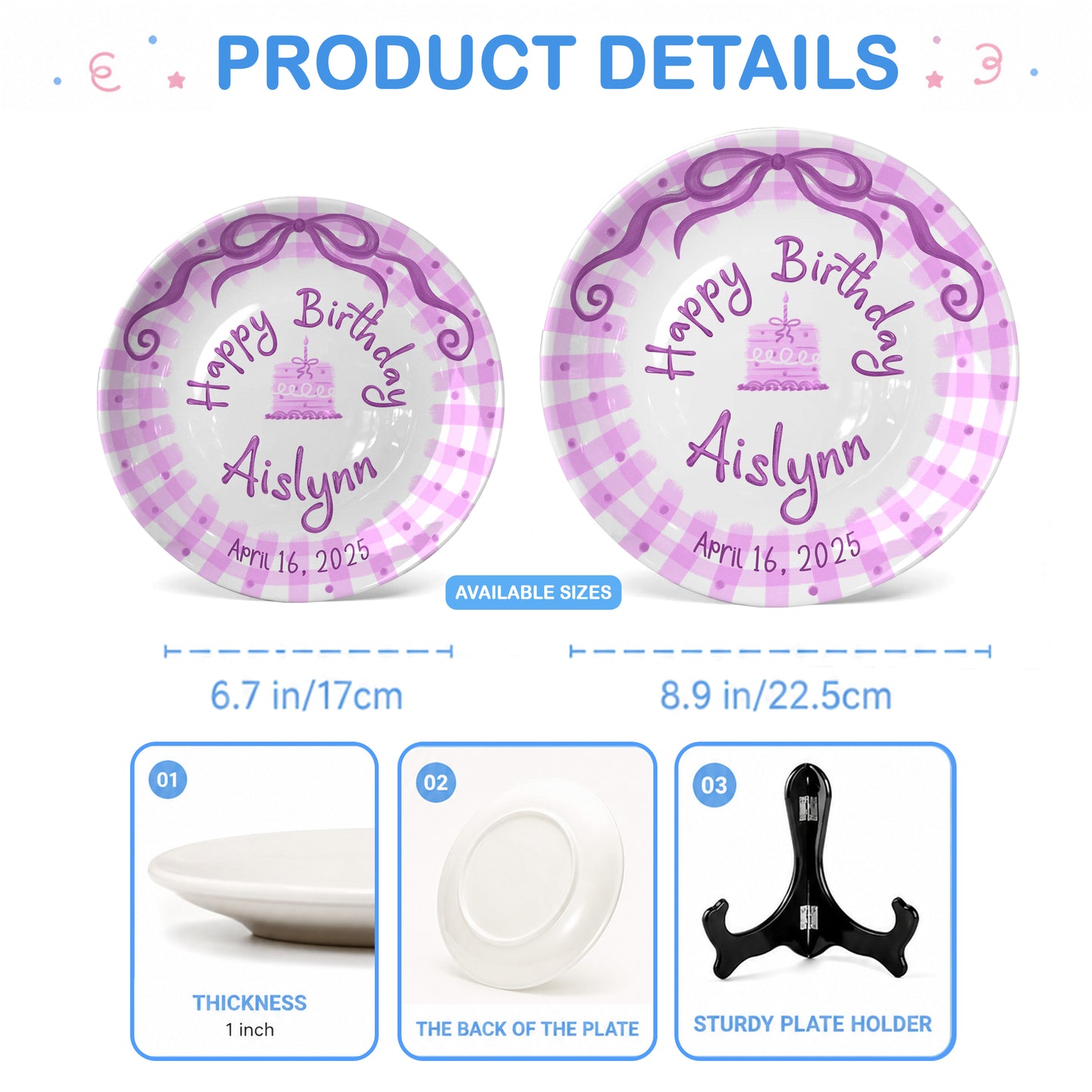 Pink Gingham Bow Personalized Birthday Plate for Kids, Custom Name and Date Ceramic Keepsake P85LHL0