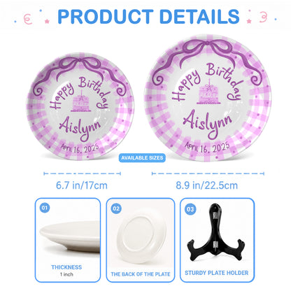 Pink Gingham Bow Personalized Birthday Plate for Kids, Custom Name and Date Ceramic Keepsake P85LHL0