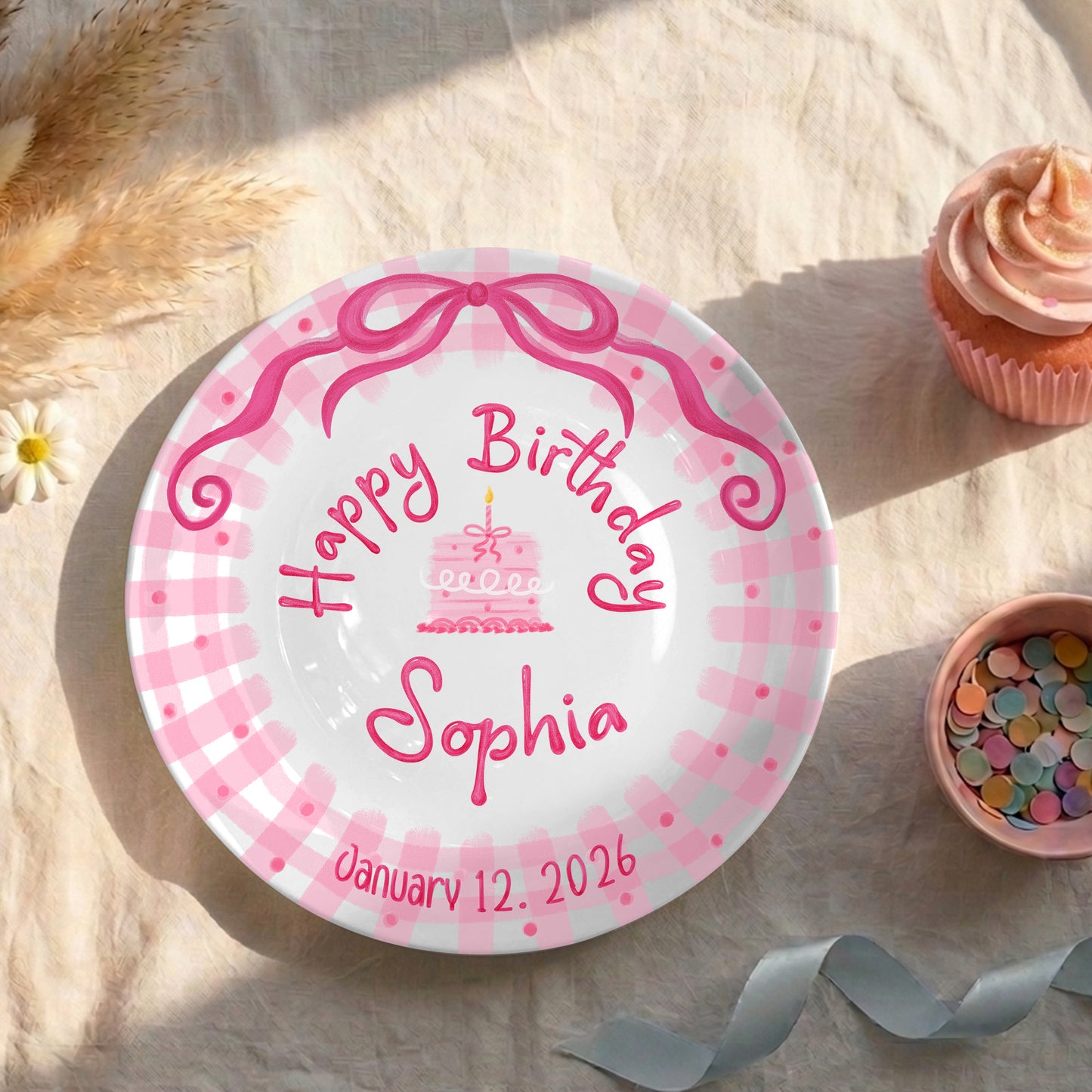 Pink Bow and Pink Gingham Birthday Cake Personalized Birthday Plate P5220BP0