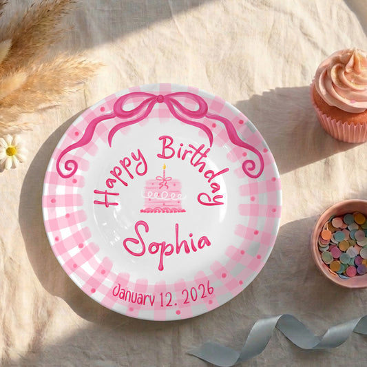 Pink Bow and Pink Gingham Birthday Cake Personalized Birthday Plate P5220BP0