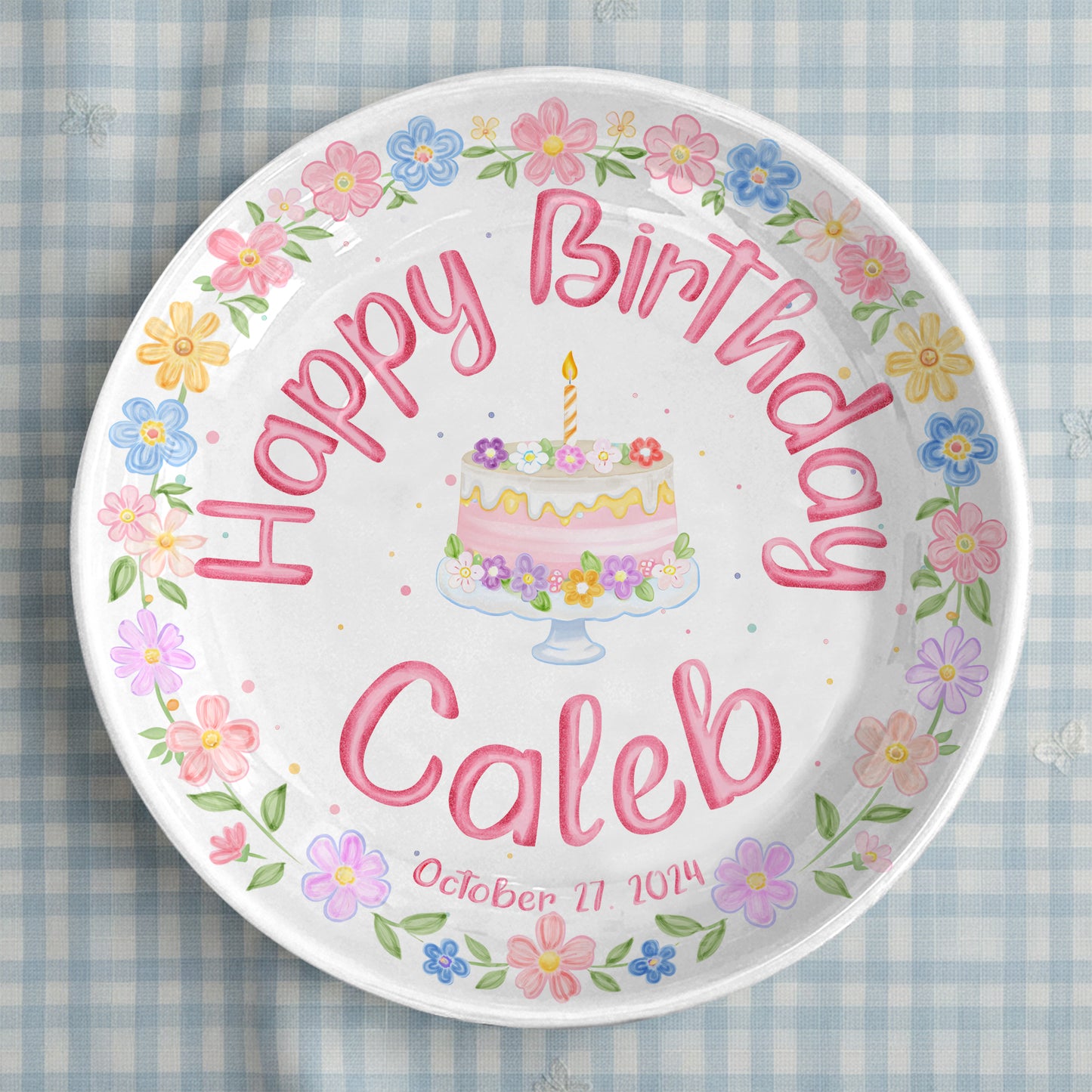 Pastel Floral Birthday Cake Personalized Birthday Plate P32GVK0