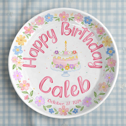 Pastel Floral Birthday Cake Personalized Birthday Plate P32GVK0