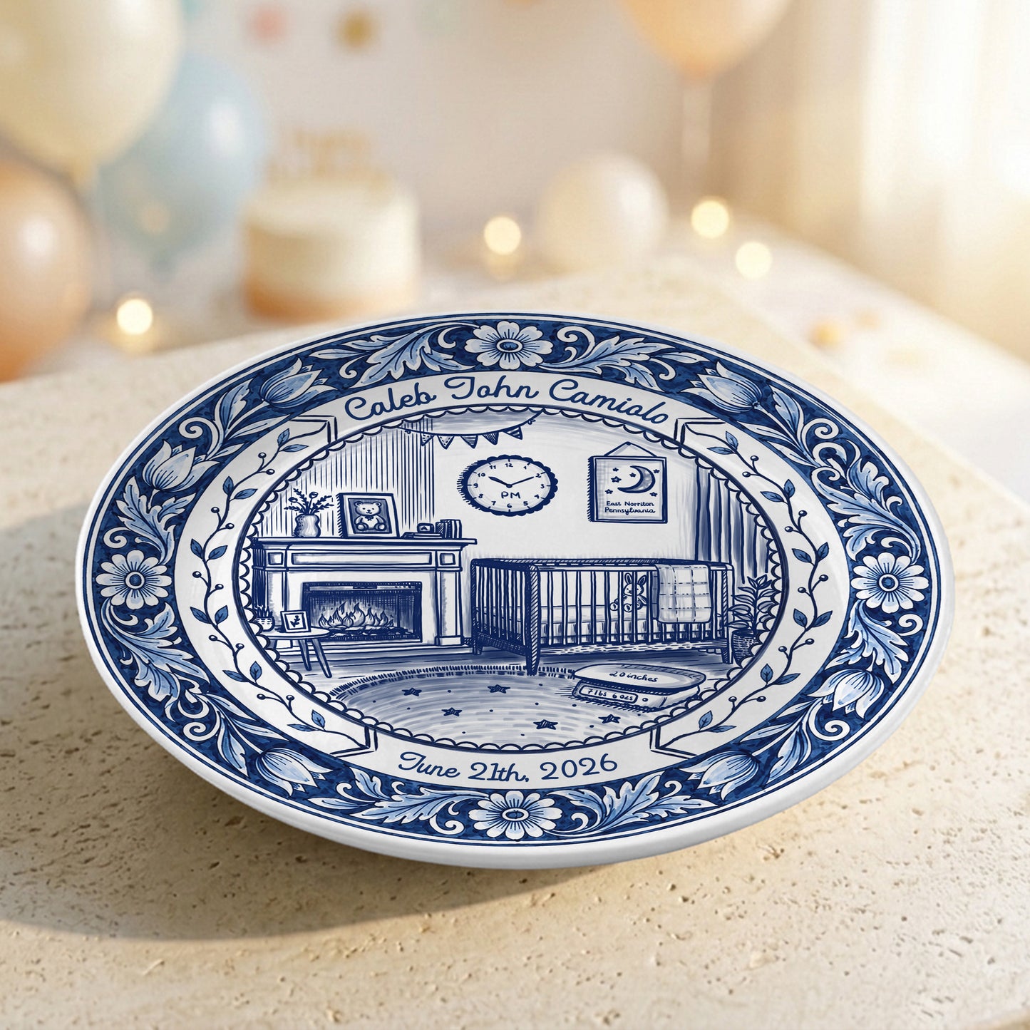 Delft Blue Newborn Birth Stats Custom Keepsake Personalized Birthday Plate P820UMN0