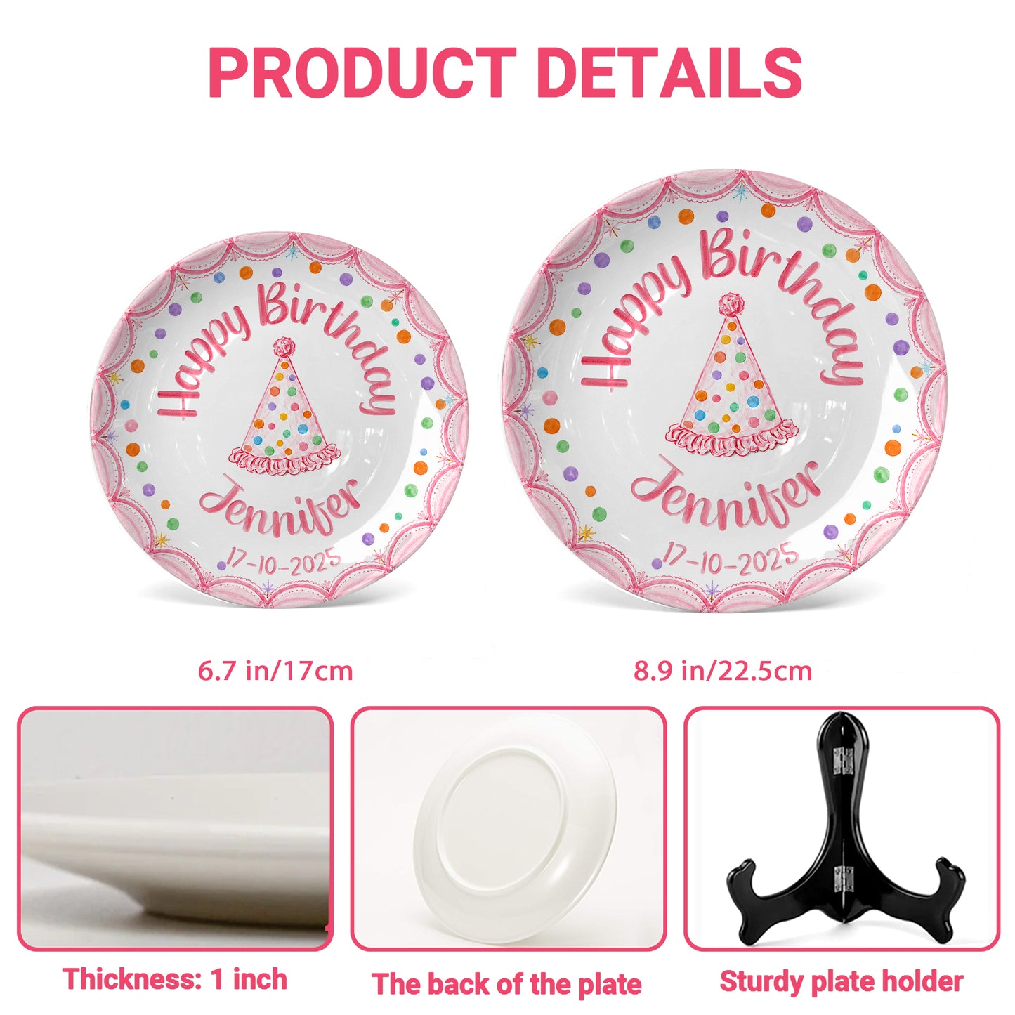 Pink Scallop Border with Colorful Polka Dot & Party Hat Personalized Birthday Plate P5653B0