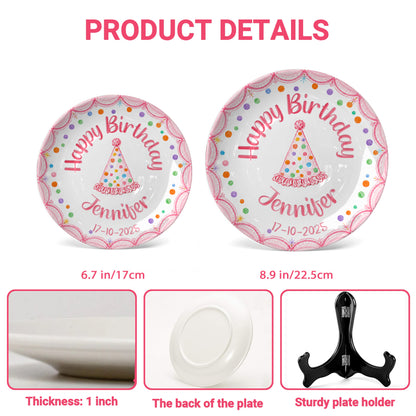 Pink Scallop Border with Colorful Polka Dot & Party Hat Personalized Birthday Plate P5653B0