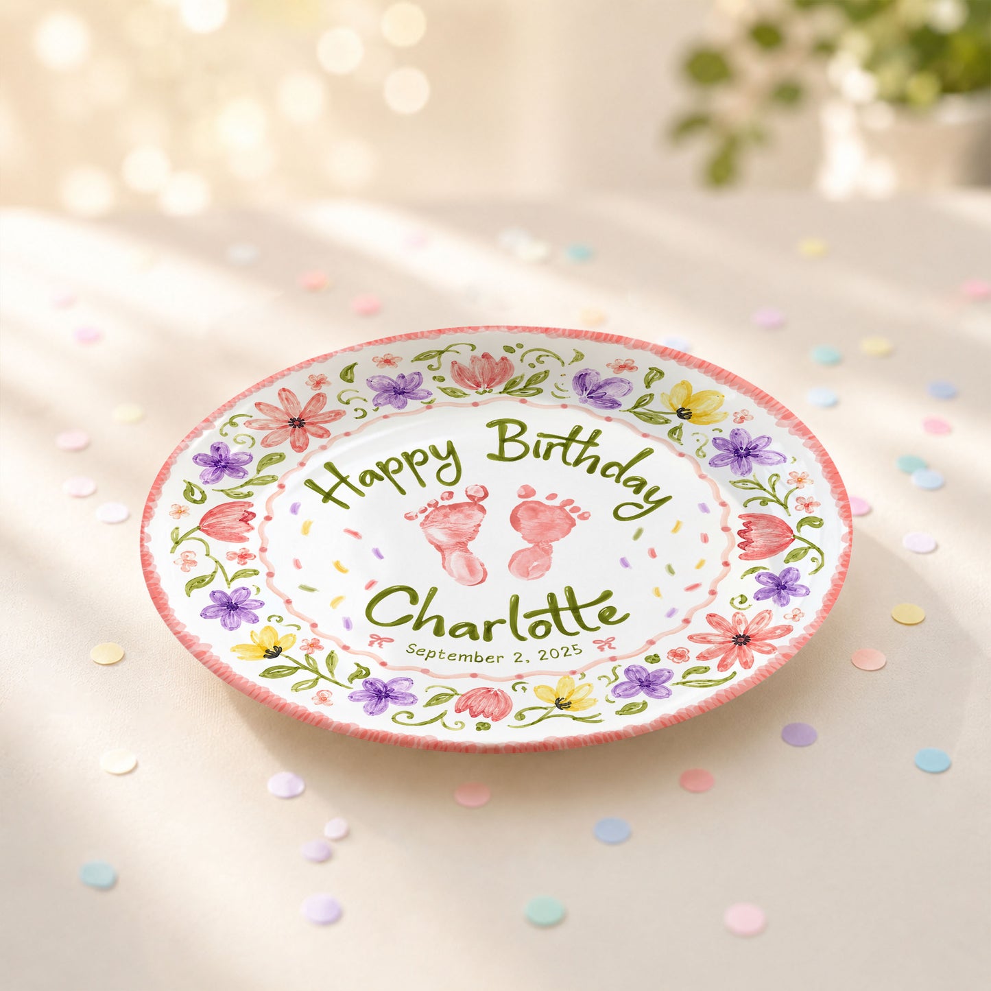 Floral Baby Footprint Personalized Birthday Plate for Girl, First Birthday Keepsake P727CV20