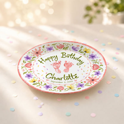 Floral Baby Footprint Personalized Birthday Plate for Girl, First Birthday Keepsake P727CV20
