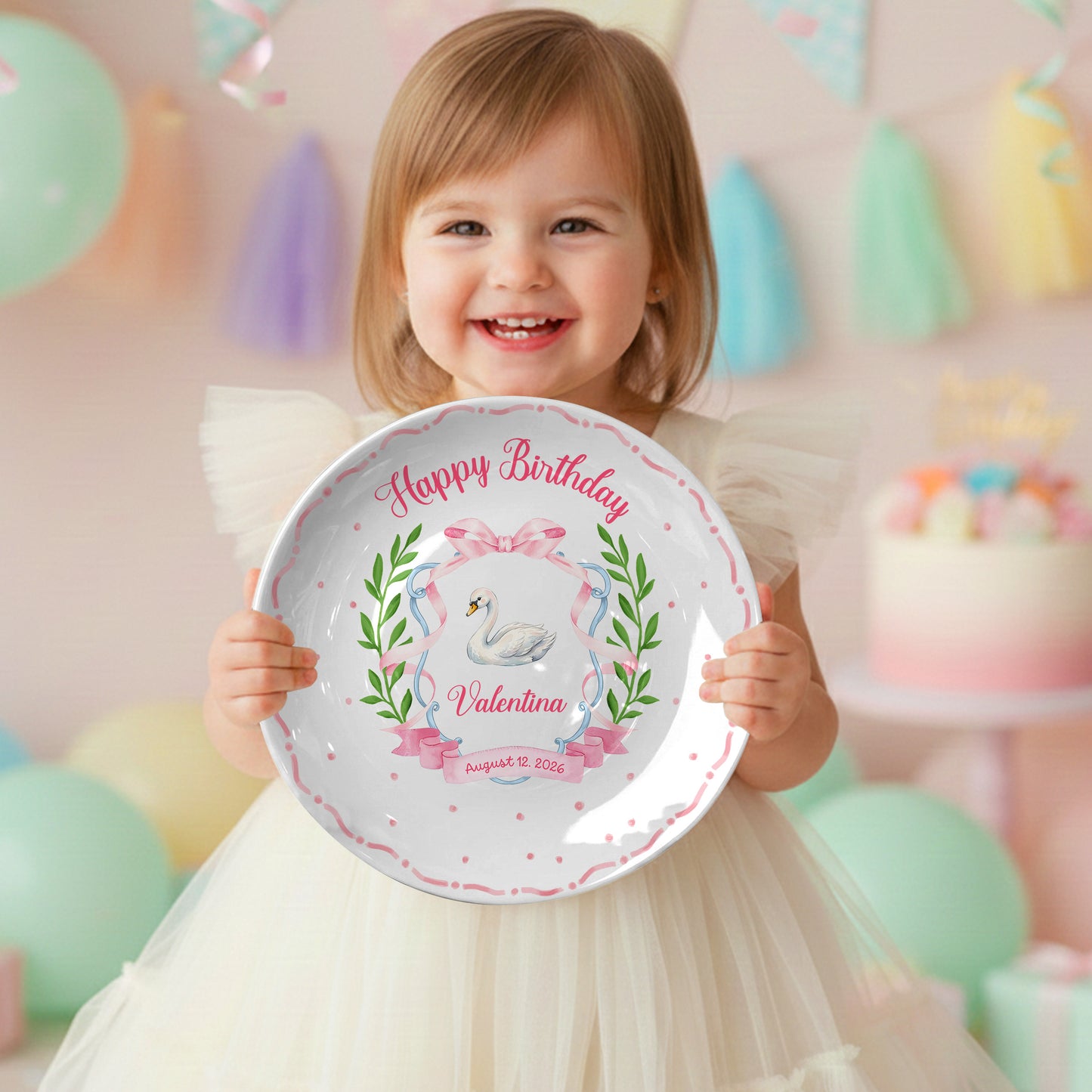Pink Swan and Bow Personalized Birthday Plate P318OF20