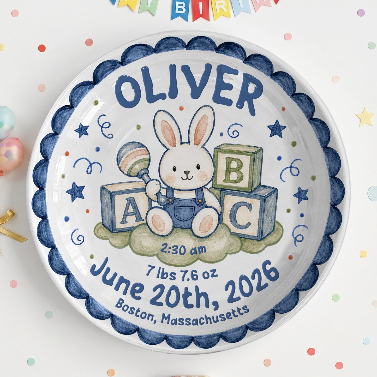 Cute Bunny Birth Stats Keepsake Personalized Birthday Plate for Baby P626ZVPTTa