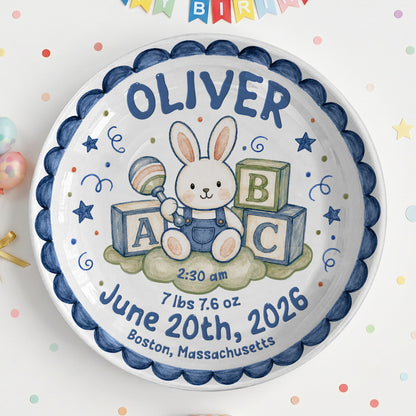 Cute Bunny Birth Stats Keepsake Personalized Birthday Plate for Baby P626ZVPTTa