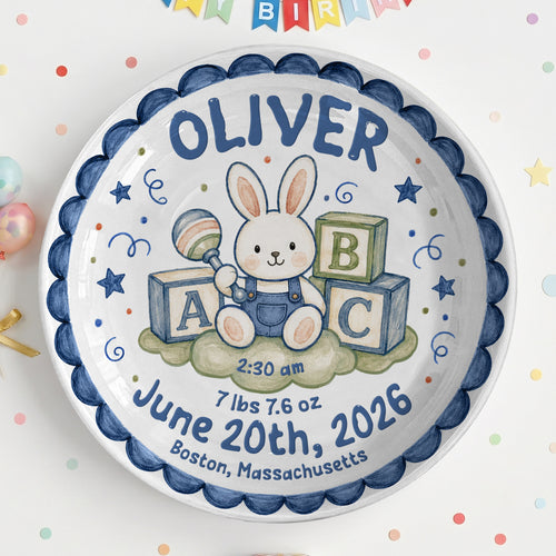 Cute Bunny Birth Stats Keepsake Personalized Birthday Plate for Baby P626ZVPTTa