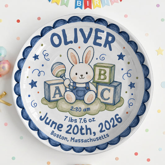 Cute Bunny Birth Stats Keepsake Personalized Birthday Plate for Baby P626ZVPTTa1