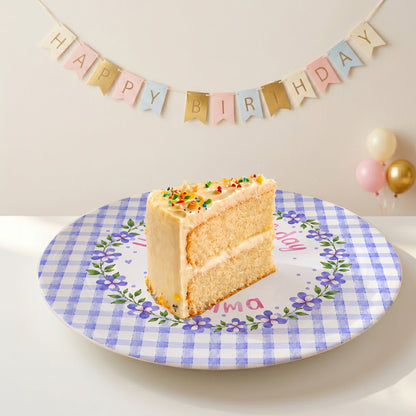 Purple Gingham Border with Floral Wreath Personalized Birthday Plate P624NIV0