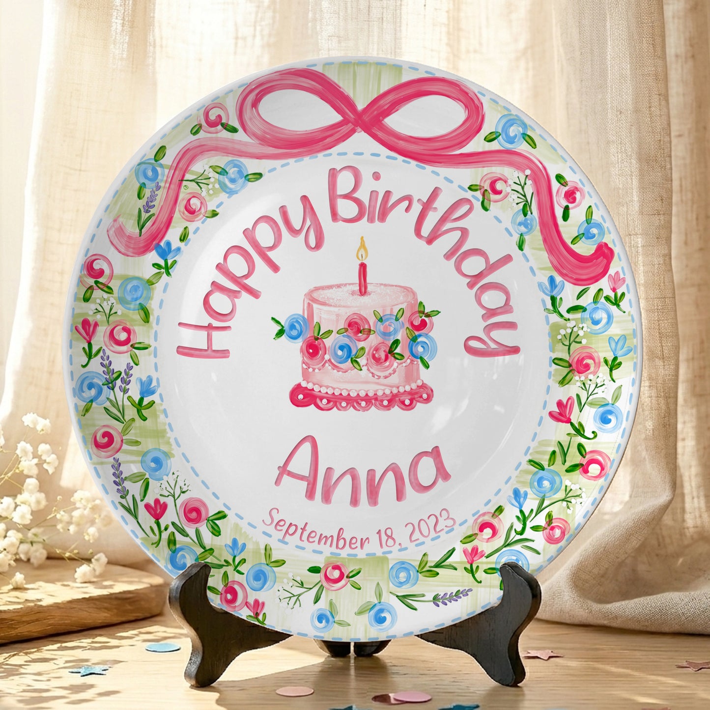 Floral Wreath with Pink Bow Personalized Birthday Plate P410DXJ0