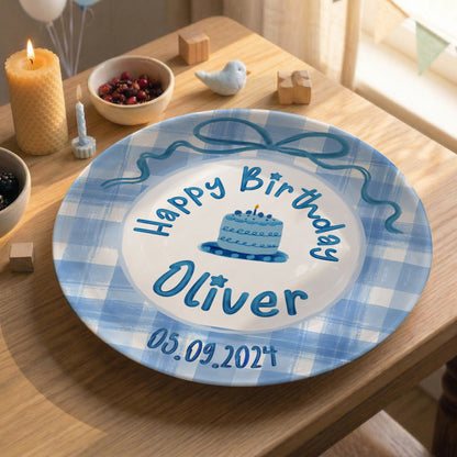 Blue Gingham Bow Personalized Birthday Plate P41V3P0