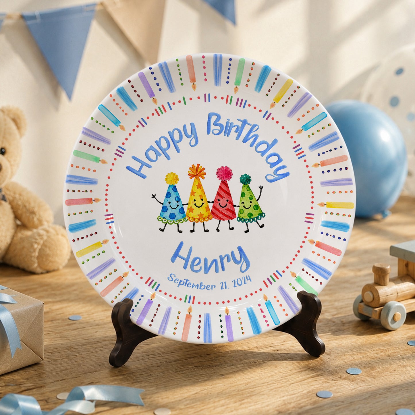 Birthday Hat Candle Border Personalized Birthday Plate P530NCK0