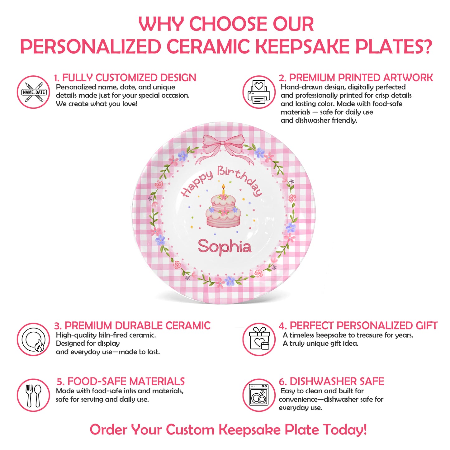 Pink Gingham Floral Personalized Birthday Plate P61O7V0
