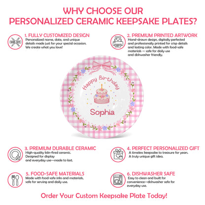 Pink Gingham Floral Personalized Birthday Plate P61O7V0