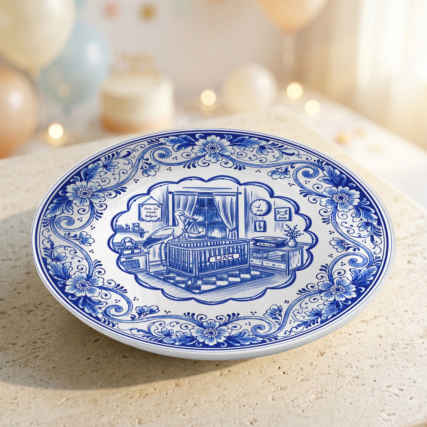 Delft Blue Newborn Birth Stats Custom Ceramic Keepsake Personalized Birthday Plate P820H8A0