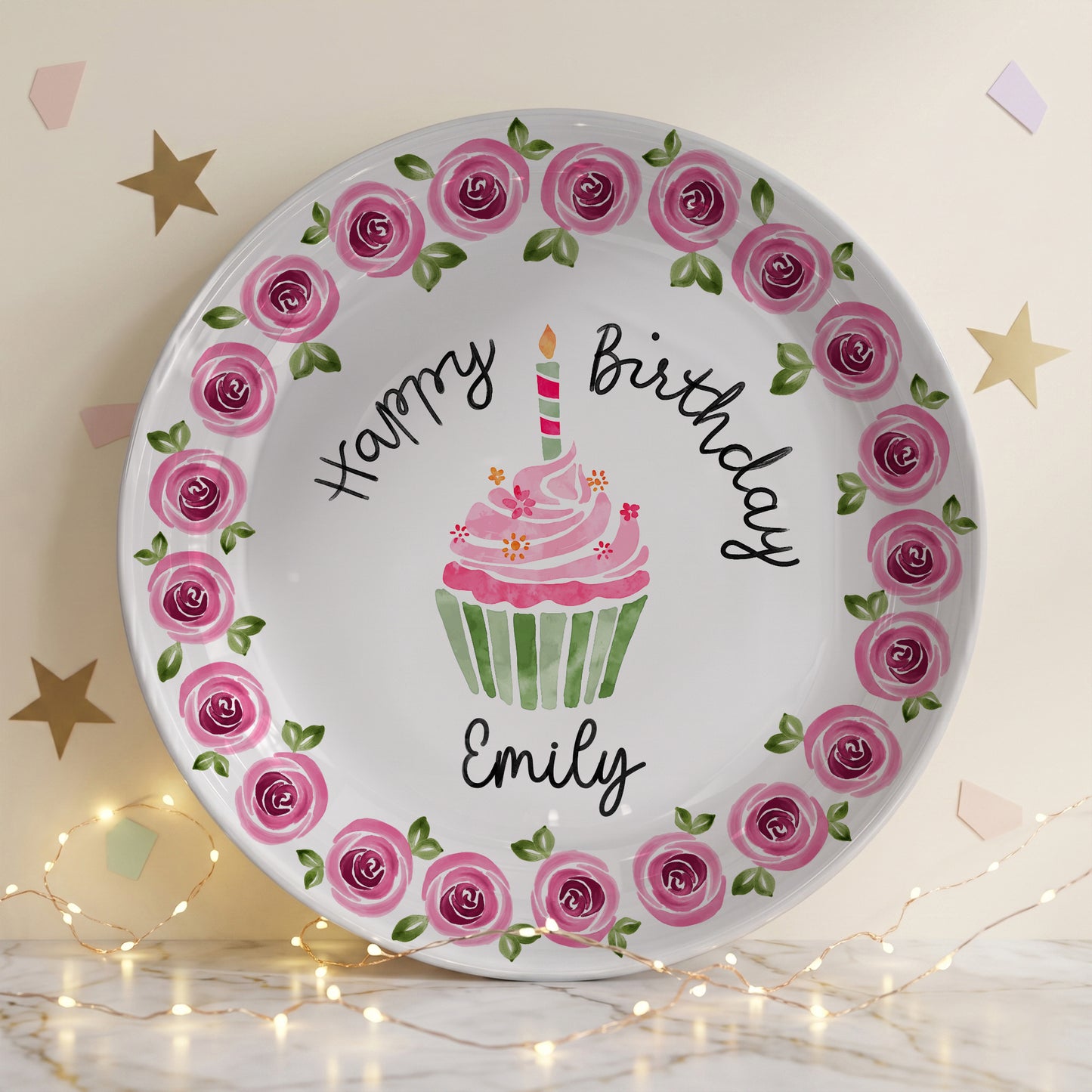 Pink Rose Cupcake Birthday Keepsake Personalized Birthday Plate P626IC7TT