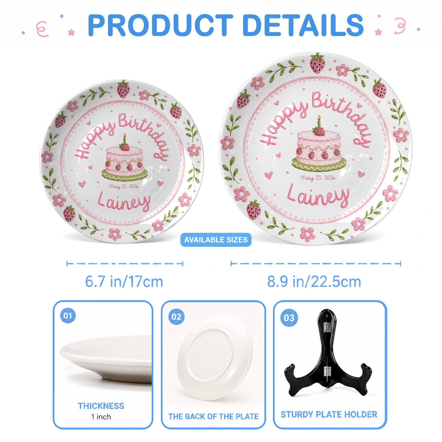 Strawberry Floral Cake Keepsake Ceramic Personalized Birthday Plate for Kids P83M4Y0