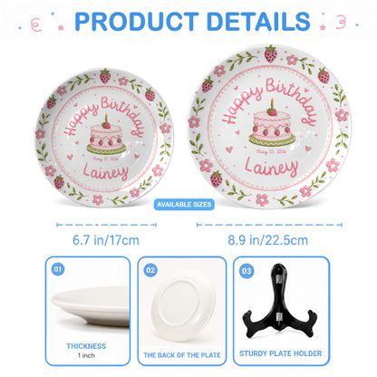 Strawberry Floral Cake Keepsake Ceramic Personalized Birthday Plate for Kids P83M4Y0