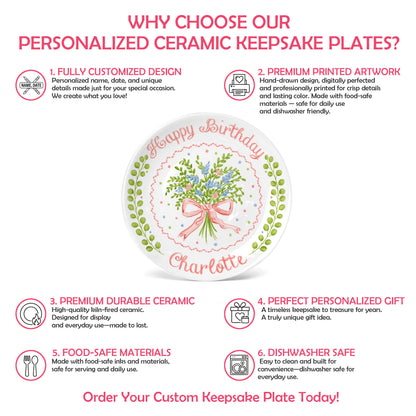 Soft Floral Bouquet Personalized Birthday Plate for Girls P61TIZ0