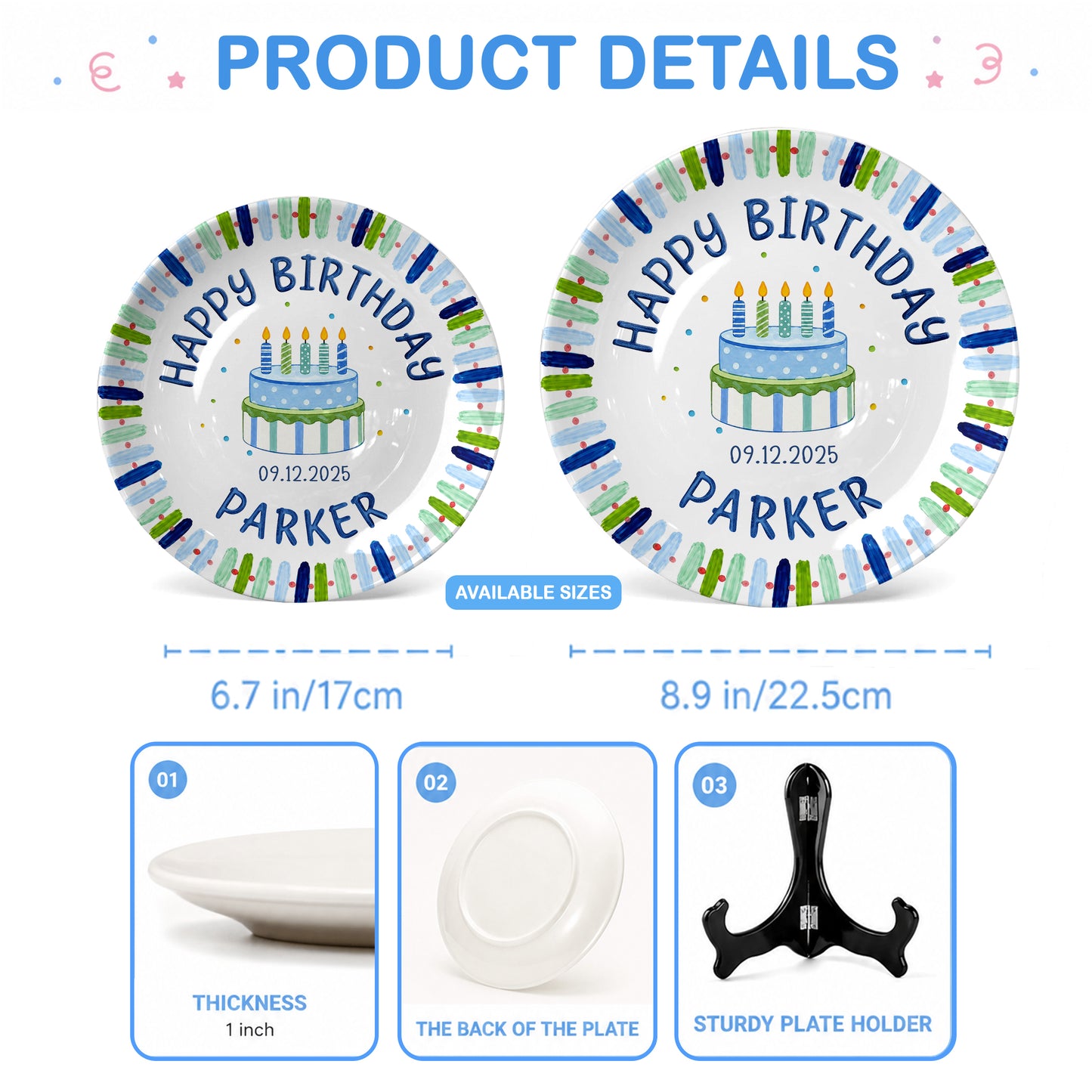 Blue Stripe Birthday Cake Personalized Birthday Plate P728HNA0