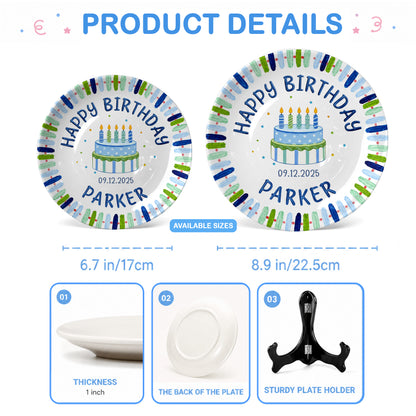 Blue Stripe Birthday Cake Personalized Birthday Plate P728HNA0