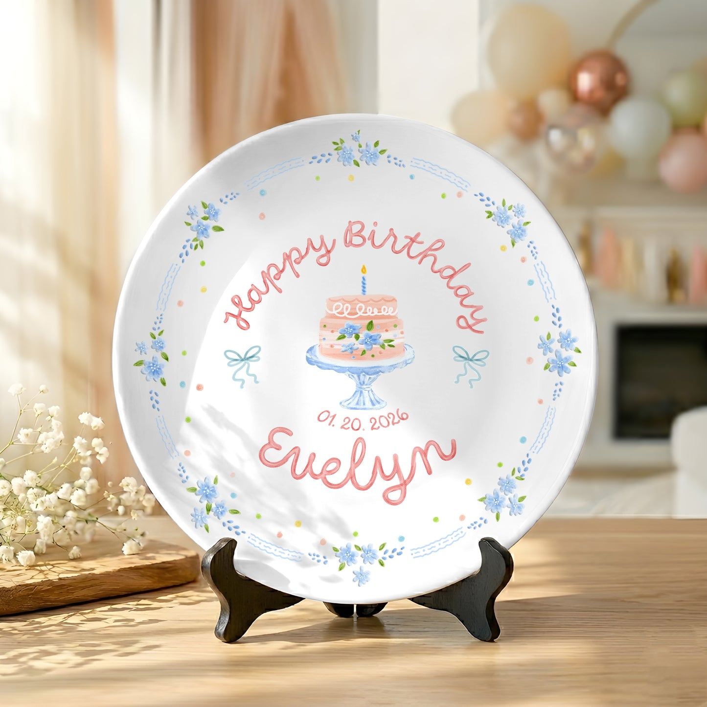 Blue Floral Border with Cake Stand Birthday Cake Personalized Birthday Plate P41CO80