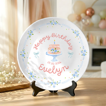 Blue Floral Border with Cake Stand Birthday Cake Personalized Birthday Plate P41CO80