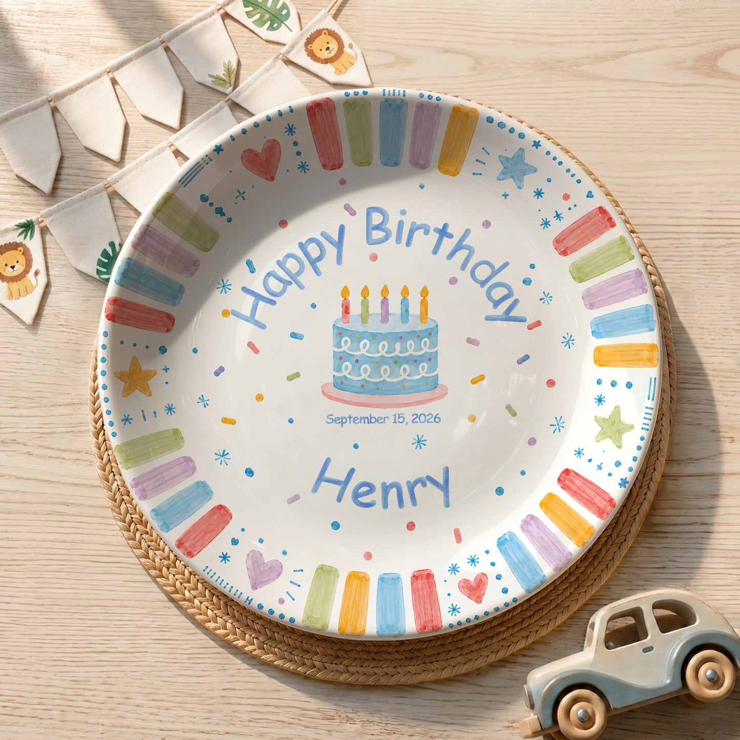 Blue Cake and Colorful Border Cake Personalized Birthday Plate P611K5R0