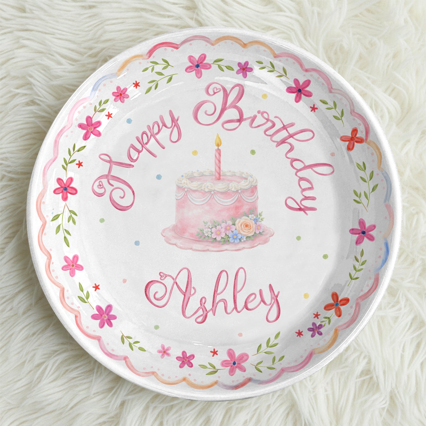 Pink Floral Scallop Personalized Birthday Plate P226GZM0