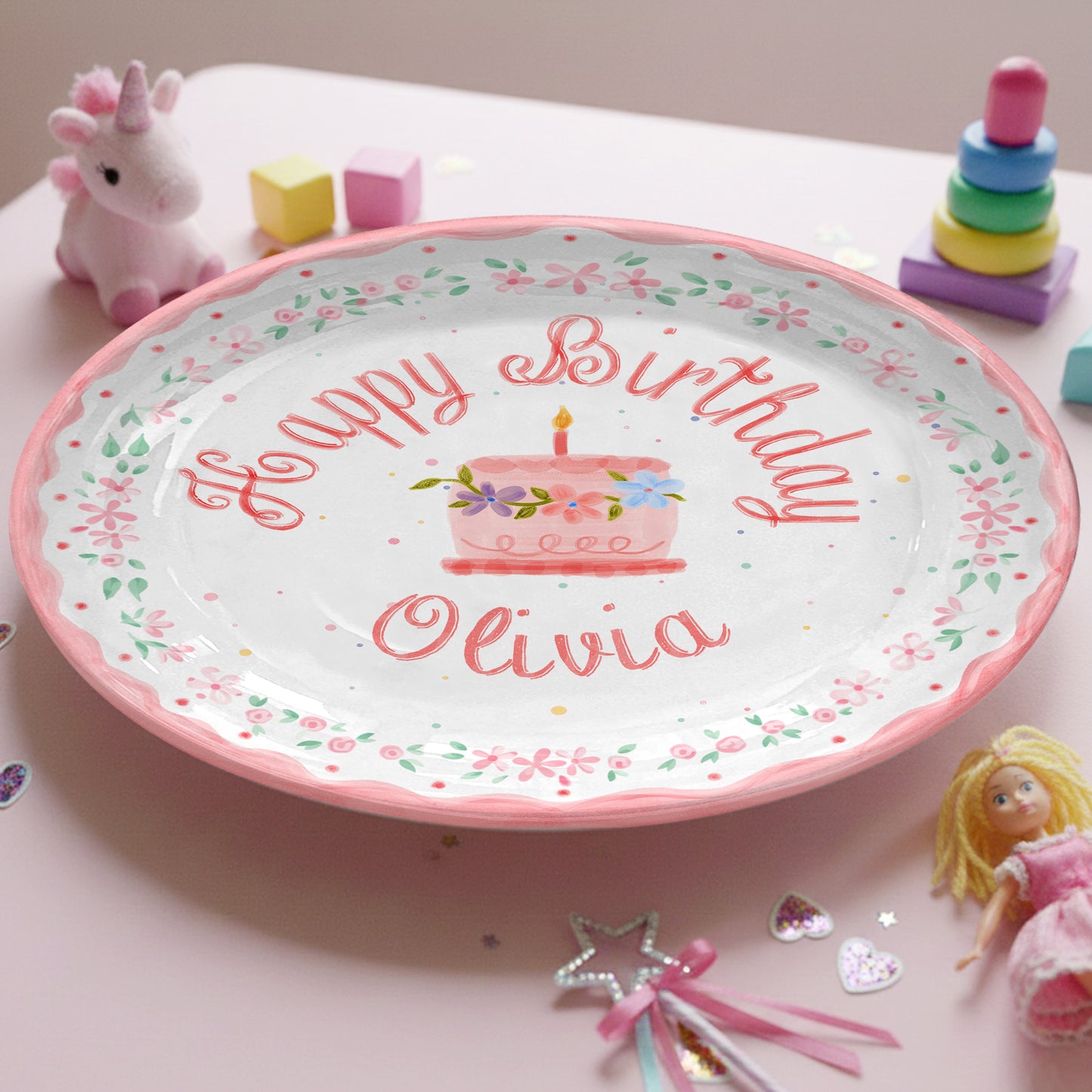 Pink Floral Cake Personalized Birthday Plate P228SJH0